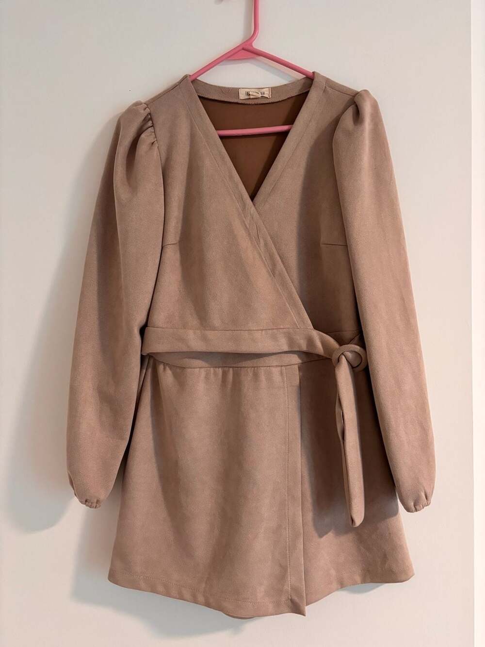 Fashion On Earth Faux Suede Long Sleeve Wrap Mini Dress